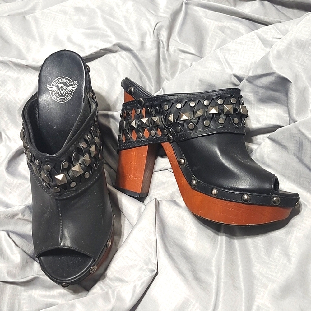 Studded leather chunky wooden heel